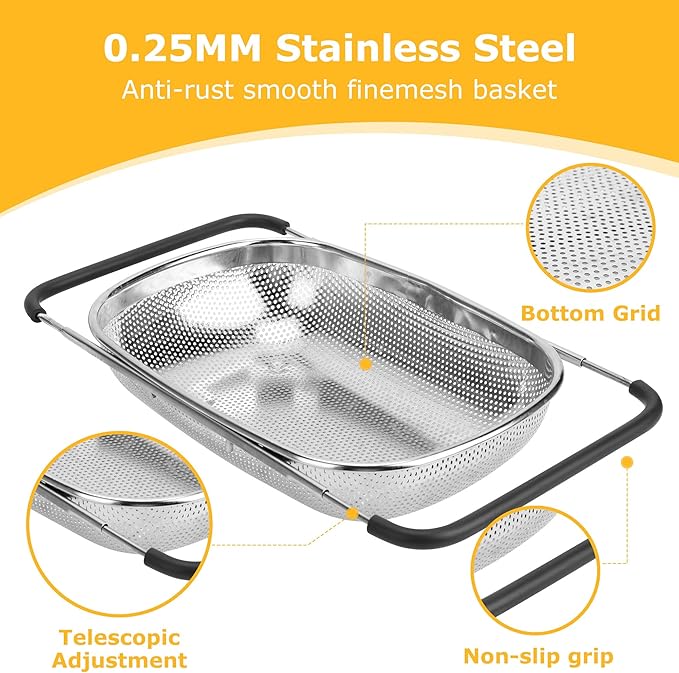 ZDRongZhen Kitchen Accessories Over the Sink Colander Strainer Basket，Stainless Steel Colander with Expandable Rubber Grip Sink Drainer-Rinse Vegetables Fruits &Strain&Drain (Large-Dense round hole)