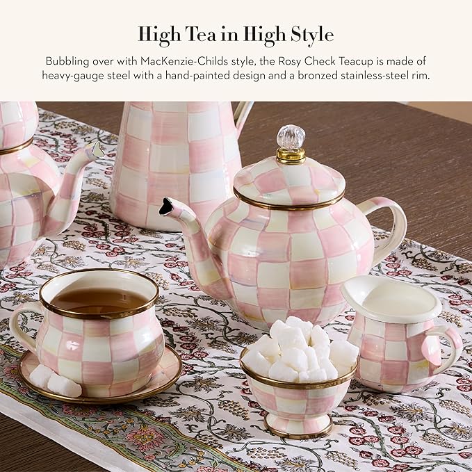 MACKENZIE-CHILDS Enamel Teacup, Unique Coffee and Tea Mug, Enamel Cup for Hot Tea, 10 Ounces, Pink-and-White Rosy Check