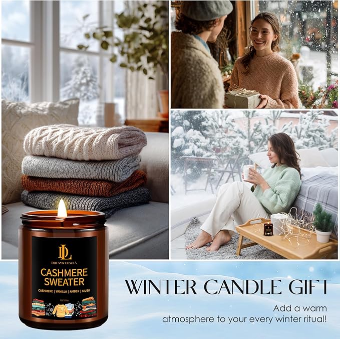 Winter Candle Cashmere Sweater Scented, Natural Soy Candles for Home Scented, 7oz Holiday Candle with 50hr Burn Time, Aromatherapy Candles Winter Holiday Gifts for Women Men