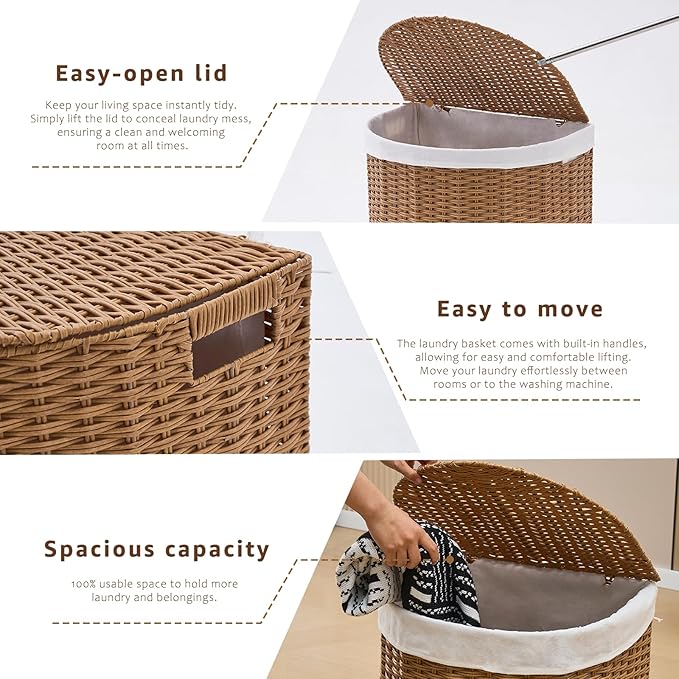 Wicker Half Moon Laundry Basket with Lid and 2 Replaceable Liner Bags, Handwoven Rattan Hamper for Dirty Clothes, Rattan, 120L