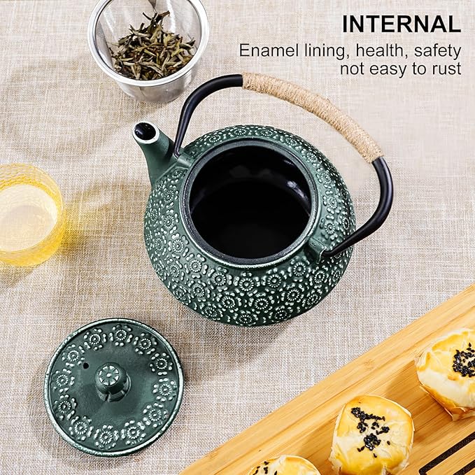 PARACITY Cast Iron Teapot Japanese 30.5 OZ,Tea Kettle Pot for Stove Top,Tea Pot with Stainless Steel Infusers for Loose Tea,Boiling Hot Water Tea, Mothers Day Gifts from Daughter/Son (Green)