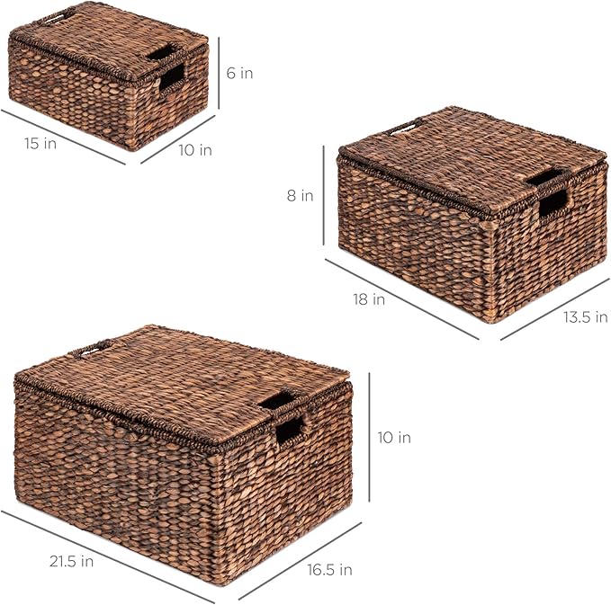 Best Choice Products Set Of 3 Large Multipurpose Hyacinth Storage Baskets, Handwoven Rectangular Organizer Totes for Bedroom, Living Room w/Insert Handles, Removable Lid - 21", 20", 18"