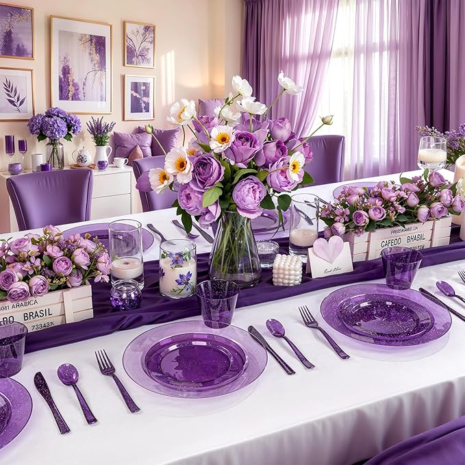 DaYammi 210 Purple Glitter Plastic Dinnerware Set for 30 Guests, Fancy Disposable Plates for Party, Include: 30 Dinner Plates, 30 Dessert Plates, 30 Pre Rolled Napkins with Purple Silverware, 30 Cups