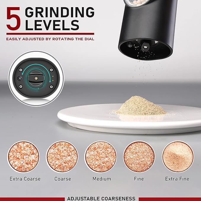 Electric Salt and Pepper Grinder Set of 2, Automatic Pepper Mill,USB Rechargeable, Adjustable Coarseness, One-handed Operation, Ceramic Burr, Refillable, Auto Grinders with Charging Base LED Light