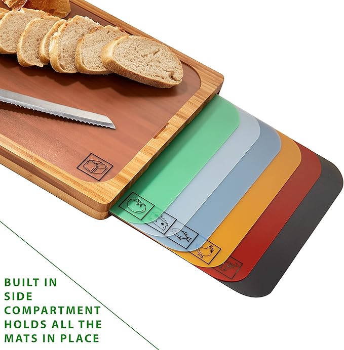 Seville Classics Bamboo Premium Wood Cutting Board Serving Tray w/ 7 Color-Coded BPA-Free Mats, for Chopping Bread, Cheese, Fruits, Vegetables, Meats, Charcuterie (PATENTED), Bamboo (NEW MODEL)