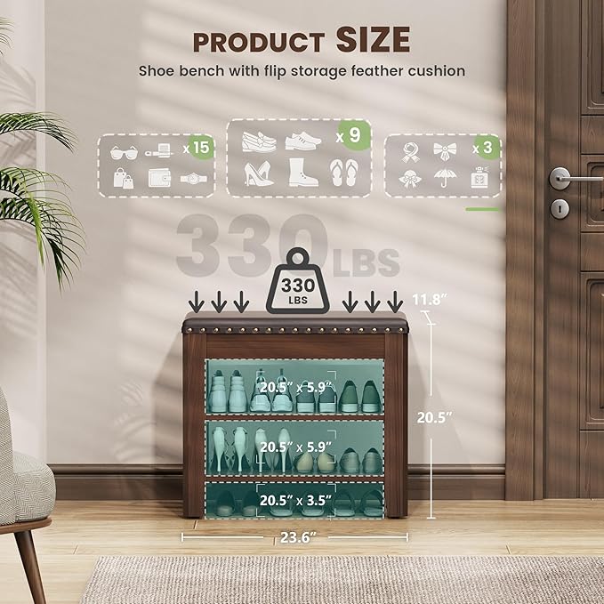 Shoe Bench for Entryway, Solid Rubberwood Shoe Bench with Hidden Storage, Adjustable 2-Tier Shelves & Soft PU Leather Seat, Shoe Rack Durable Easy Assembly for Hallway or Bedroom - Brown, 23.6"