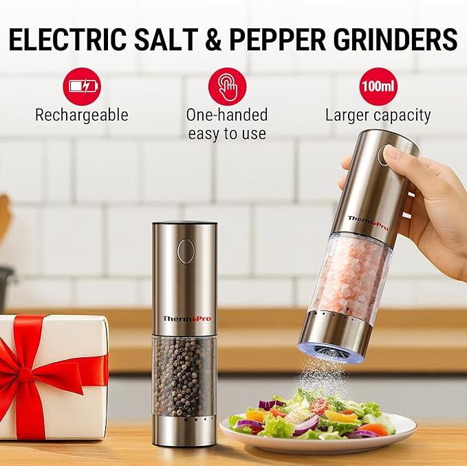 ThermoPro 100ml Electric Salt and Pepper Grinder Set Rechargeable, Automatic Pepper Grinder Shakers with External Adjustment, Refillable Pepper Mill Set with Dust Cover & LED, Stainless Steel 2-Pack