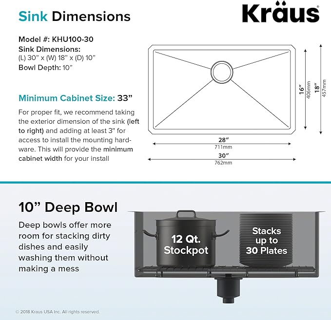 KRAUS Standart PRO™ 30-inch 16 Gauge Undermount Single Bowl Stainless Steel Kitchen Sink with WasteGuard™ Continuous Feed Garbage Disposal, KHU100-30-100-75MB