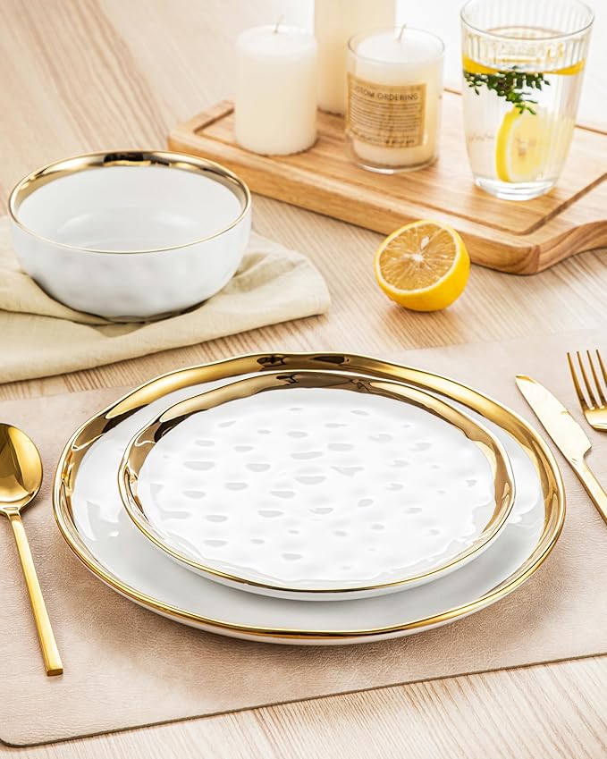 LOVECASA 12 Pieces Plates and Bowls Sets, Porcelain White and Gold Dinnerware Sets, Round Dinner Plates Dishes Set Service for 4, Dishwasher Safe and Scratch Resistant, White