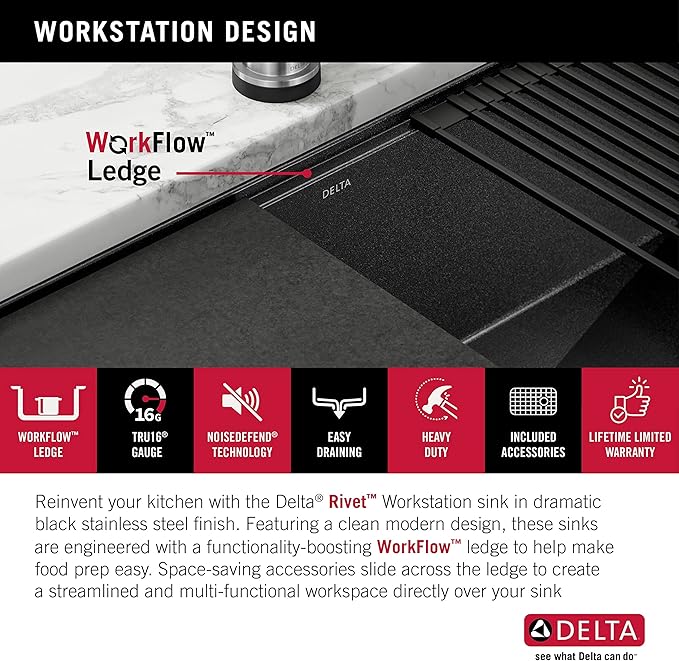 DELTA FAUCET Delta Rivet 32 Inch Black Stainless Steel Undermount 16 Gauge Workstation Kitchen Sink Single Bowl in PVD Gunmetal Finish with WorkFlow Ledge and Accessories, 95B9031-32S-GS