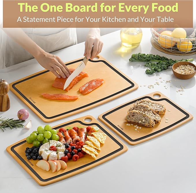 Cutting Board for Kitchen, 17.3x12.8Inch Wood Fiber Composite Cutting Board with Juice Groove and Non-slip Feet, Dishwasher Safe, Knife-Friendly Chopping Board for Meat, Bread, Fruit, Wooden/Black