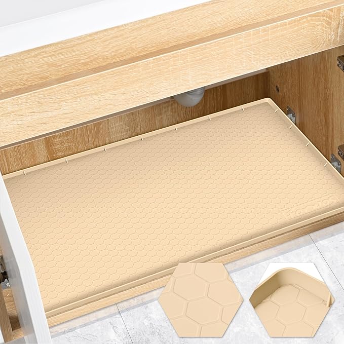 Waterproof Under Sink Mat 31" x 22", Silicone Cabinet Liner, Rubber Protector for Kitchen and Bathroom, Keeps Cabinets Clean, Dry, and Organized (Beige)