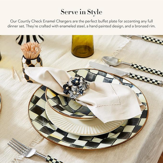 MACKENZIE-CHILDS Enamel Charger Plate, Charger Decoration for Dinner Plates or Home Decor, 12 Inches, Black-and-White Courtly Check, Set of 4