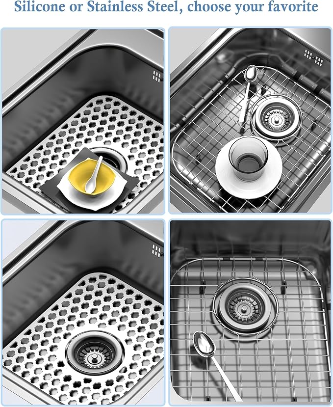 2 Pack Silicone Sink Protector for Kitchen Sink Bathroom, 13.58"x 11.6" Heat-resistant Sinks Mat, Non-Slip and Durable Sinks Protectors Silicone, Center Drain (White)