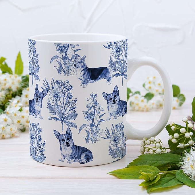 Corgi Blue French Toile Coffee Mug, Corgis Lover Gifts for Women, Blue Toile Coffee Cup for Corgi Mom, Dog Lovers Tea Coffee Mug Birthday Gifts for Dog Owners, 15 oz