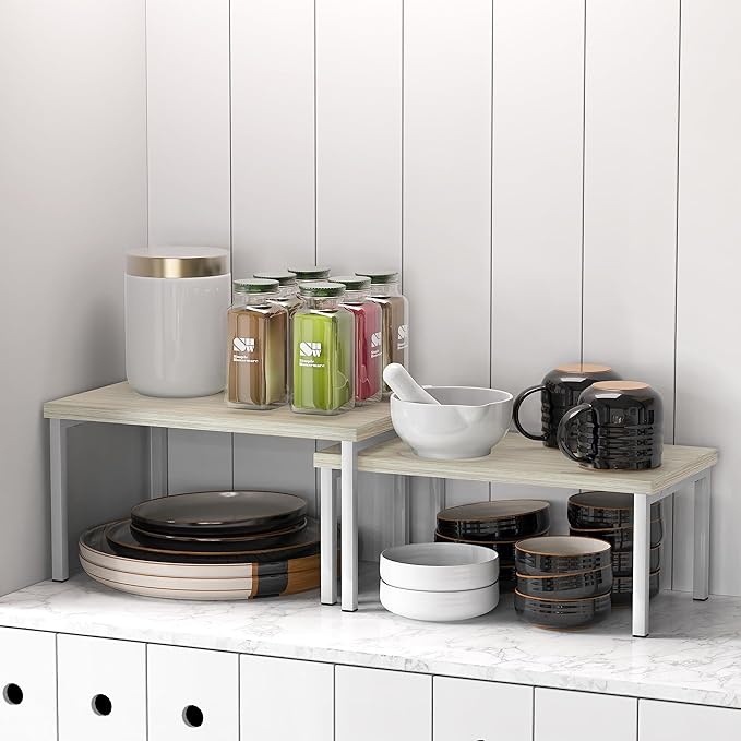 Simple Houseware Wooden Top Expandable Stackable Kitchen Cabinet and Counter Shelf Organizer, Maple