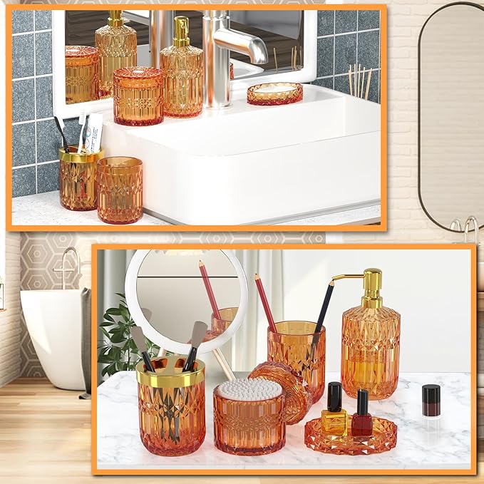 Orange Bathroom Accessories Set, 5 Pcs Clear Glass Bathroom Accessories with Lotion Soap Dispenser, Soap Dish, Toothbrush Holder, Tumbler, Cotton Swab Jars