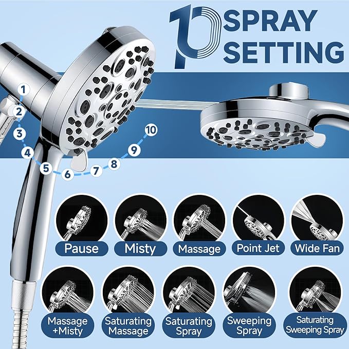 Filtered Handheld Shower Head with Chlorine Filter - 10 High Pressure Spray Modes, Magnetic Mount, 71-Inch Hose, Water Saving & Easy Install (All Chrome)
