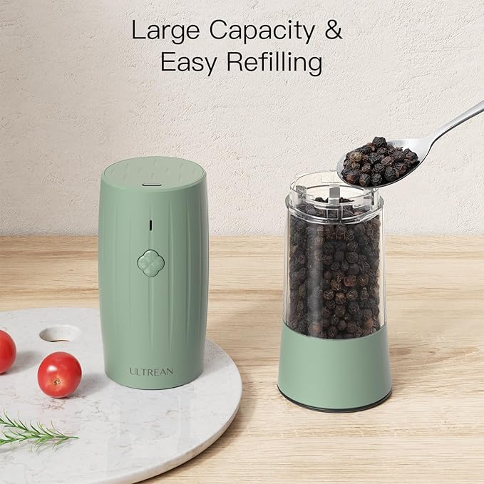 Ultrean Salt and Pepper Grinder Set, Rechargeable Automatic Pepper Mill Shakers, 6 Adjustable Coarseness, LED Light, Kitchen Gadget, Christmas Gifts, Black & White