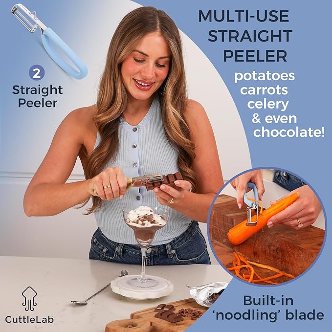 Vegetable Peeler Set – Serrated, Straight & Wide Blades- great apple peeler & potato peelers, Carrots, Zucchini, Cucumbers – Soft Grip Handle- Eye Remover – Dishwasher Safe (3, Farmhouse)