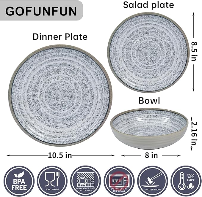 Melamine Dinnerware Sets 12 PCS - Service for 4 Plates & Bowls Sets Dishwasher Top-Shelf Safe, BPA Free Dinner Dishes Set for Everyday Use-Granite Pattern Gray