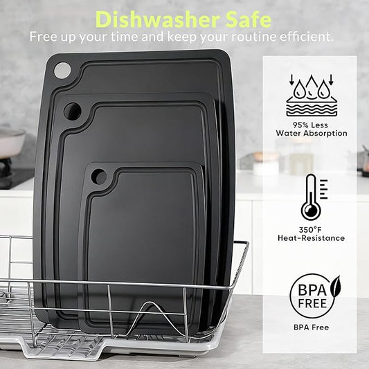Cutting Board for Kitchen, 11.8x9.3Inch Wood Fiber Composite Cutting Board with Juice Groove and Non-slip Feet, Dishwasher Safe, Knife-Friendly Chopping Board for Meat, Bread, Fruit, Black
