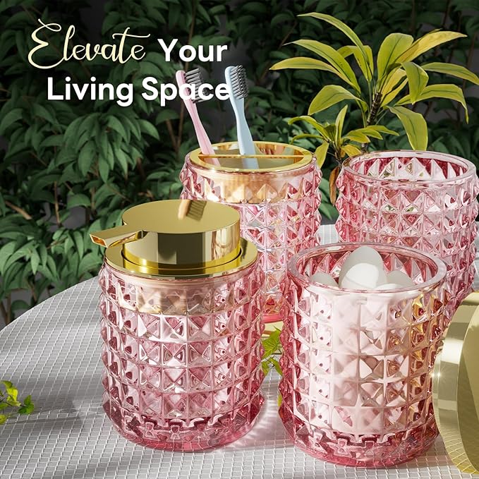 Bathroom Set Pink Bathroom Accessories Set Glass Bathroom Accessories Pink Bathroom Accessory Diamond Soap Dispenser and Toothbrush Holder Sets for Bathroom Decor
