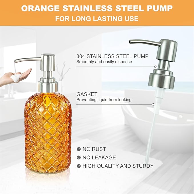 Orange Bathroom Accessorires Set, 4Pcs Clear Glass Bathroom Accessories, Burnt Orange Lotion Soap Dispenser, Toothbrush Holder Set, Soap Dish, Qtips Holder for Modern Vibrant Bathroom Decor