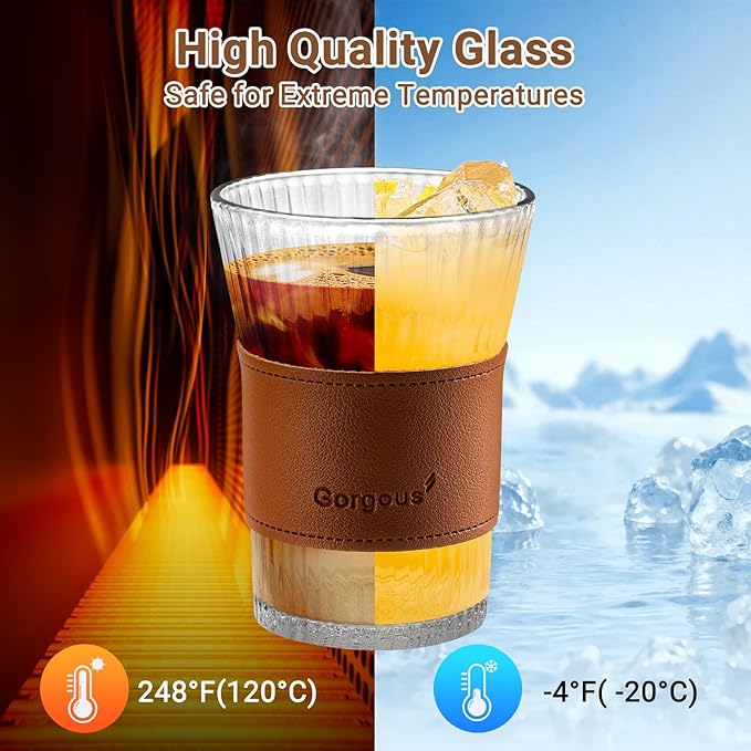 8oz Ribbed Glass Cups Set of 8 with Leather Grip, Clear Drinking Glasses for Iced Coffee, Latte, Cappuccino, Cocktail, Juice, Whiskey, Milk & Tea