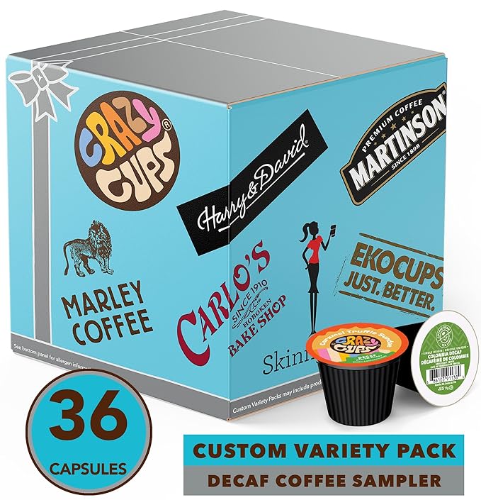 Crazy Cups Decaf Coffee Pods Variety Pack – Flavored & Unflavored Assorted Sampler, 36 Count, Compatible with Keurig K-Cup Brewers