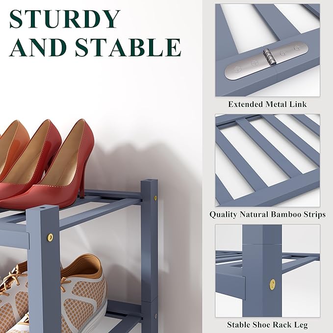 Smiry Shoe Rack, 2 Tier Long Bamboo Shoe Organizer, Stackable Free Standing Wooden Shoe Storage Shelf for Closet, Entryway, Front Door Entrance, Grey