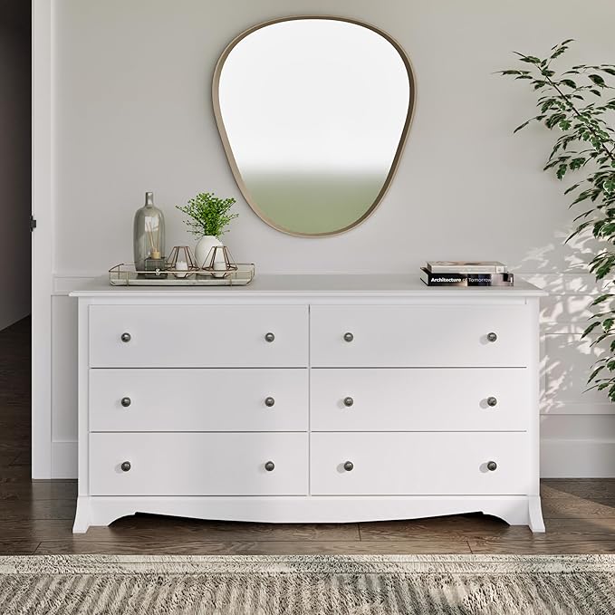 Prepac Sonoma 6-Drawer Double Dresser for Bedroom, Wide Chest of Drawers, Traditional Bedroom Furniture, 59" wide x 17.5" deep x 29" tall, White