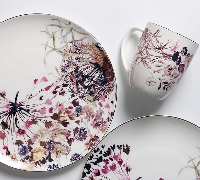 Purple Plates and Bowls Sets Dishes Set for 4, Ceramic Plates and Bowls Set, Service for 4, Bone China Dinnerware Set Salad Dessert Plates, and Cereal Bowls Set, Microwave safe by KOKEN