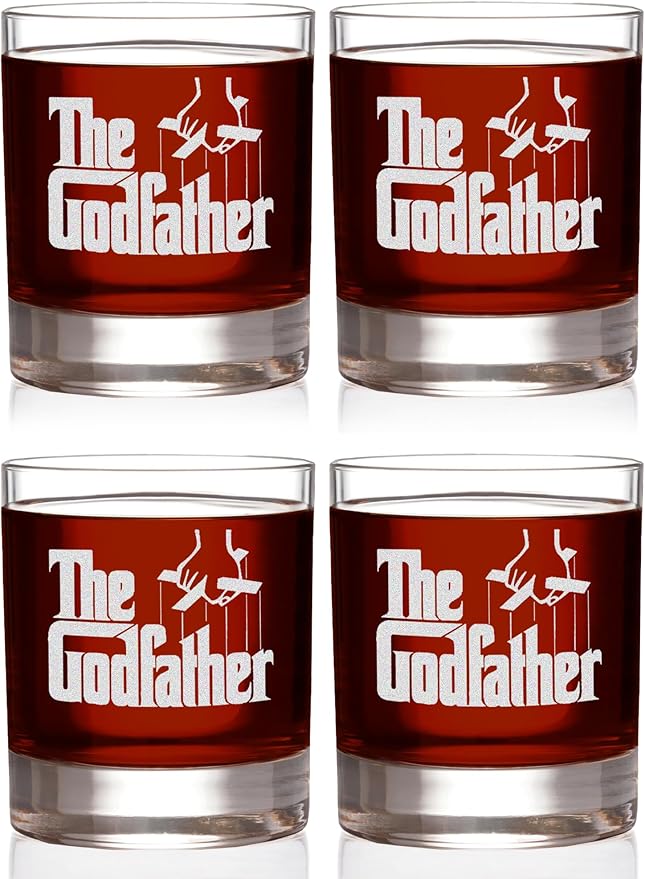 Official Godfather Etched Whiskey Glass Set - with Logo & 4 Unique Quotes - Premium Quality, Handcrafted Glassware, 11 oz. A Perfect Collectible Rocks Glass Set