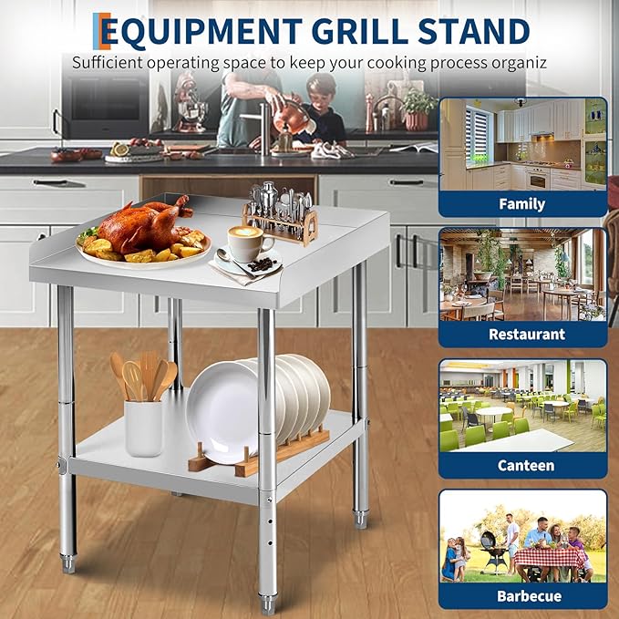 30x30x30 in Stainless Steel Equipment Grill Stand Table 400 LBS Capacity NSF Certified with Adjustable Legs, 2 in Edge Baffle, for Hotel, Home, Commercial Restaurant Kitchen