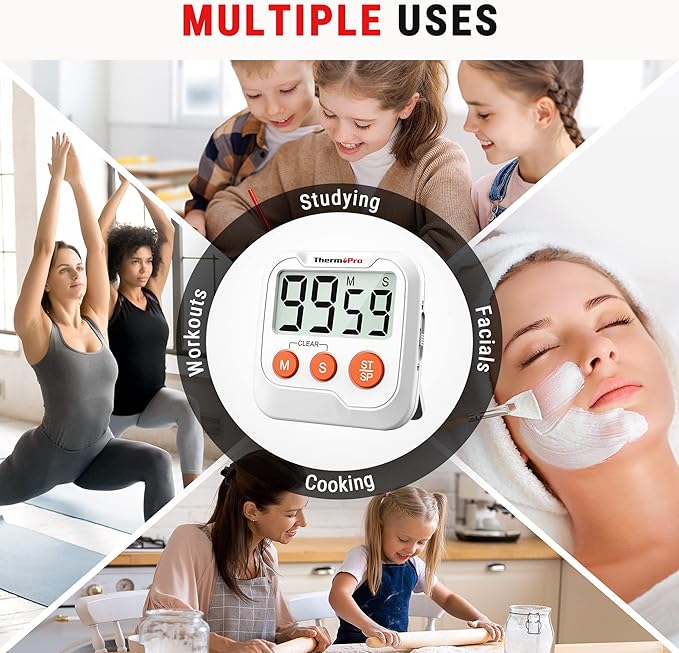 ThermoPro TM03 Digital Timer for Kids & Teachers, Kitchen Timers for Cooking with 2-Level Alarm Volume, Countdown Timer Stopwatch for Classroom Supplies, Exercise, Baking, Playtime or Work, 2-Pack