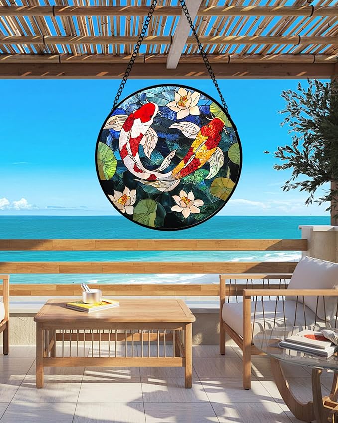 Stained Glass Window Hanging, Koi and Lotus Sun Catcher for Door Home Decor Fish Suncatcher Christmas Mother's Day Birthday Gifts for Women Men Mom and Nana 11.8 in