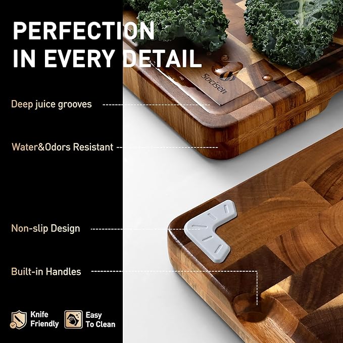 End Grain Cutting Board for Kitchen with Non-slip Feet, Acacia Wood Heavy Duty Checkered Cutting Board Handcrafted Luxury Chopping Board for Cooking and Serving Wooden Butcher Block Non Toxic