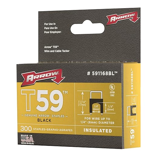 Arrow 591168 Genuine T59 Steel 1/4-Inch by 1/4 Crown Width Insulated Staples for Cable and Wiring, Black, 300 Count