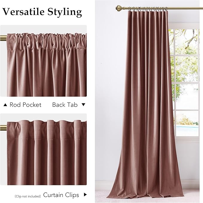 NICETOWN Dusty Rose Pink Soft Velvet Curtains 120 inch Long, Thermal Insulated Light Blocking Soundproof Drapes for Girls Room, Rod Pocket Back Tab Pleat Tape Window Treatment W52 x L120, 2 Panels