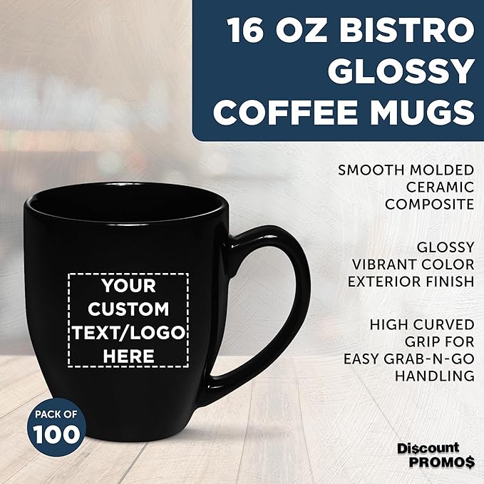 Custom Large Coffee Cups 16 oz. Set of 100, Personalized Bulk Pack - Perfect for Tea, Espresso, Cappuccino, Hot Cocoa - Black