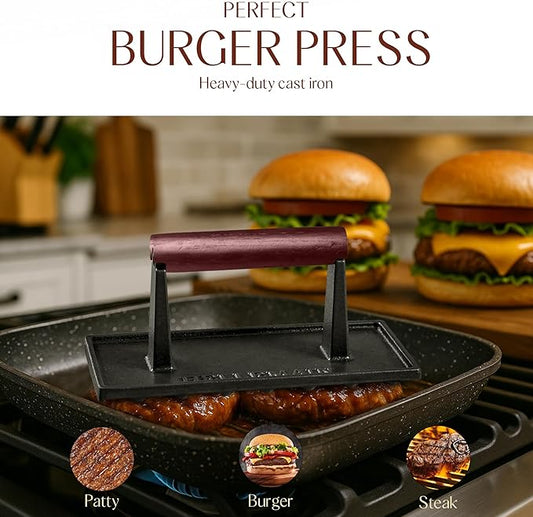 Bellemain Bacon Press Rectangle | Heavy-Duty Cast Iron Grill Press for Perfectly Seared Bacon, Steak & Sandwiches | Equalized Weight Distribution