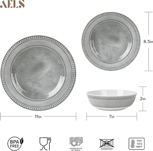 AELS Melamine Dinnerware Set of 18 Pcs, Dinner Dishes Set for Indoor and Outdoor Use, Melamine Plates and Bowls Set for 6, Dishwasher Safe, Lightweight Unbreakable, BPA Free, Gray