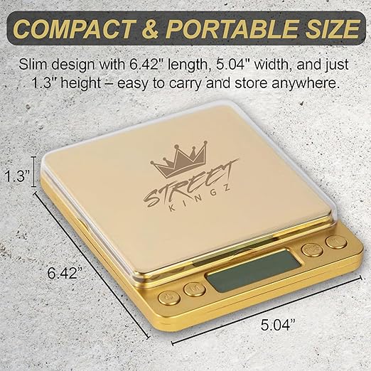 Street Kingz Gold Digital Jewelry Scale - High Precision 1000g Capacity Portable Food Scale with Multi- Unit Conversion & Piece Counting - Mini Scale Includes 2 Weighing Bowls