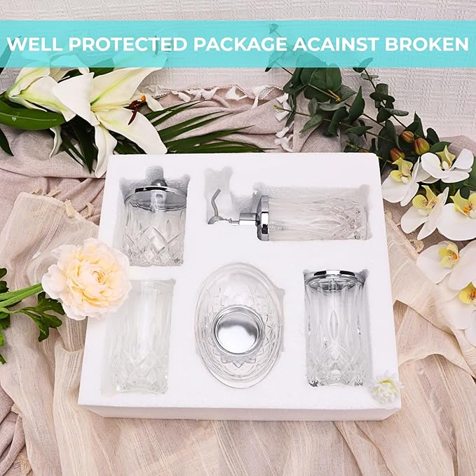 Bathroom Accessories Set,5 Pcs Clear Glass Bathroom Accessory Set,Complete Lotion Soap Dispenser,Toothbrush Holder,Soap Dish,Tumbler & Jar,Modern Bathroom Decor Sets,Gift for Home Apartment,Round