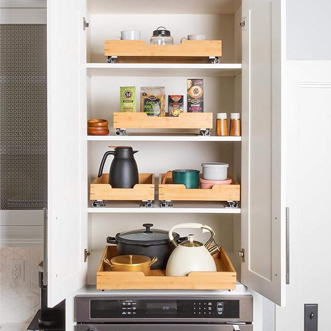 HOLDN’ STORAGE Bamboo Wooden Pull out Cabinet Organizer.14”W x 21”D - Requires At Least a 15.25:W x 21" D. Cabinet Opening. W/Lifetime Limited Warranty. Bamboo Tray and Heavy gauge metal rails.
