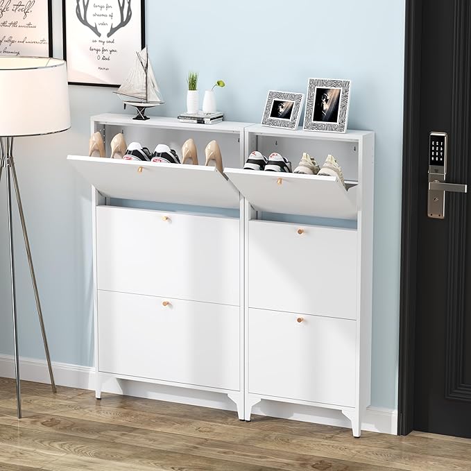 Shoe Cabinet with 3 Flip Drawers, 19" W Narrow Shoe Storage Cabinet, Farmhouse Shoe Organizer, Freestanding Organizer with Metal Legs for Entryway, Foyer (Narrow 3-Door, White)