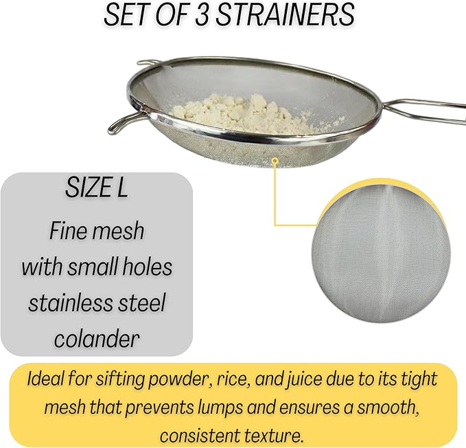 Mesh Strainers - Stainless Steel Fine Mesh Strainer - Colander-Skimmer with Handle - Sieve Sifters for Food - Strainer Sieve - Set of 3 Kitchen Strainers