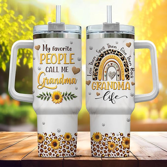 Nana Tumblers Handle Heart Daisy Cup Cups Coffee Print Black For Granny, Grandma Gifts, Tumbler 40 Oz With Handle Lid And Straw, Grandma Carving Rainbow Leopard Sunflower