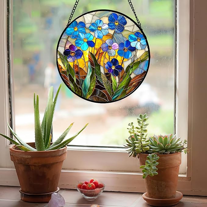 Stained Glass Window Hanging - Blue Wildflower Plant Flowers Sun Catcher for Door Garden Home Decor Suncatcher Christmas Mother's Day Birthday Gifts for Women Men Mom Nana 11.8 in